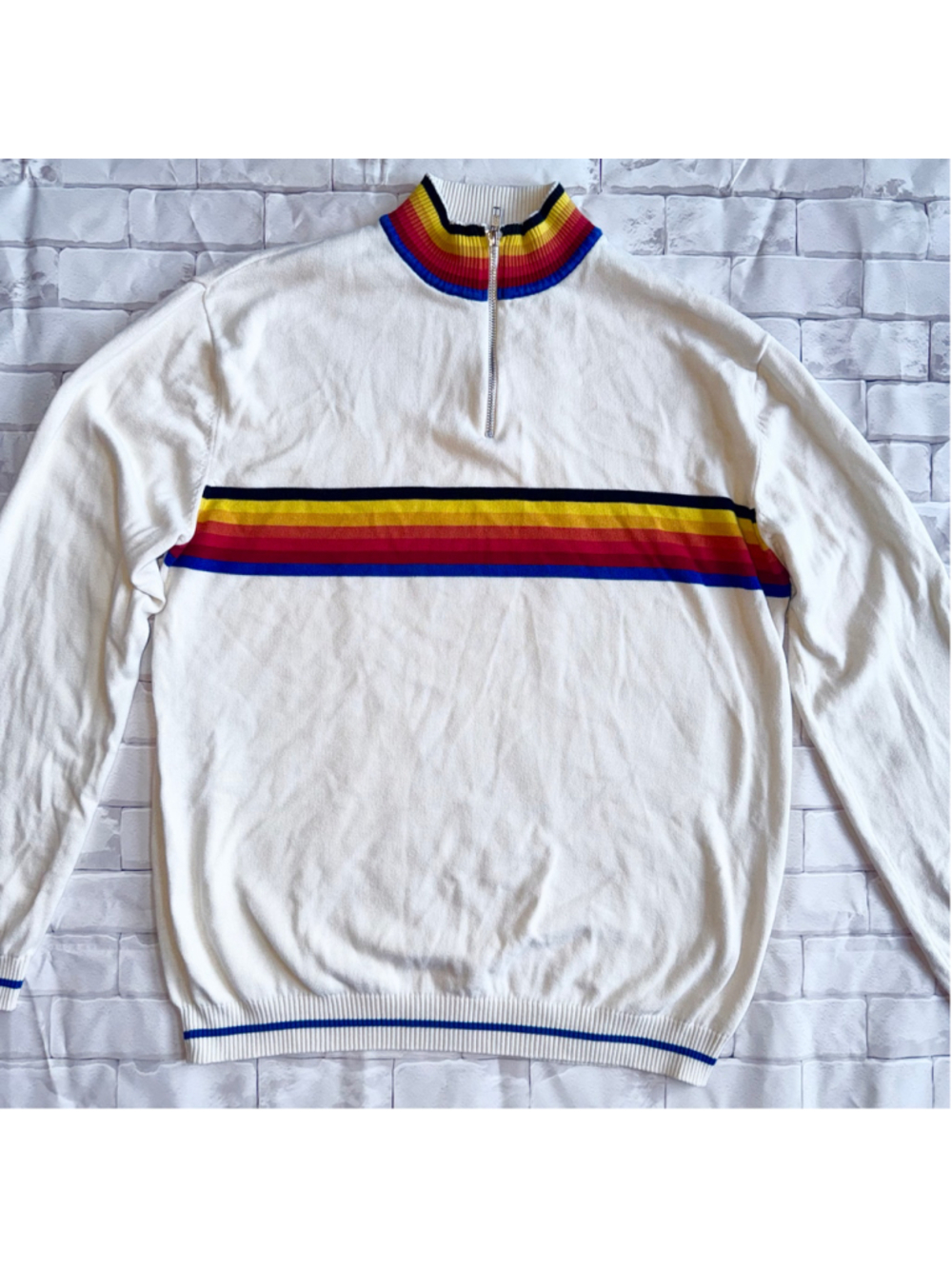 EUC Unisex 3XL Run & Fly Cotton Knitted Sweater Rainbow Stripe Quarter Zip Pride